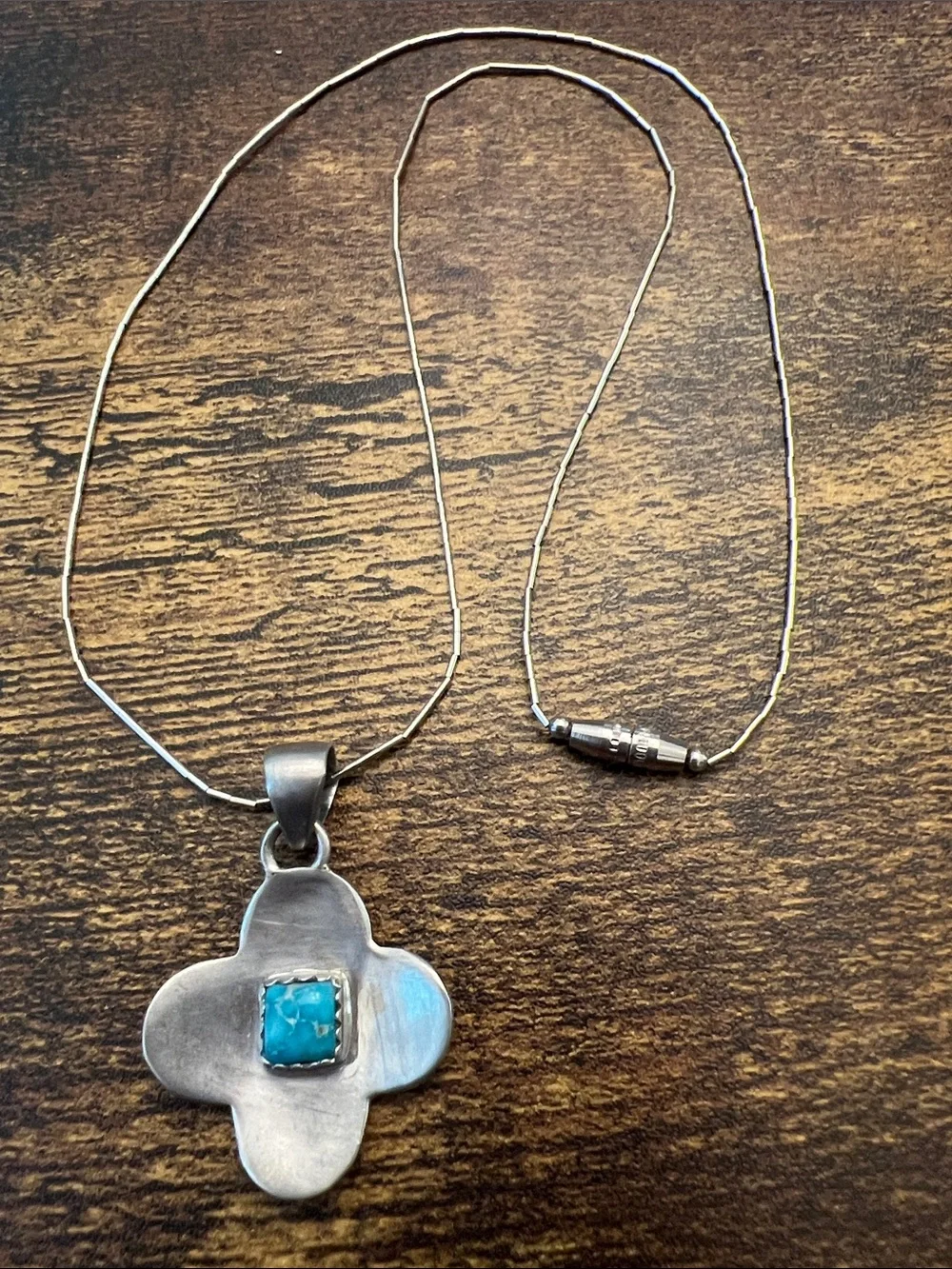 Zuni Sterling Silver Floral Pendant Necklace with Turquoise Stone on 18” chain